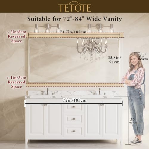TETOTE Brushed Gold Framed Bathroom Mirror 72 x 36 Large Beveled Edge Tempered Glass, Rounded Corner Rectangle Bathroom Mirror for Modern Bathroom, Living Room, Bedroom, Entryway