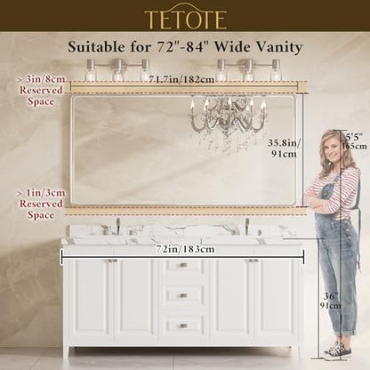 TETOTE Brushed Gold Framed Bathroom Mirror 72 x 36 Large Beveled Edge Tempered Glass, Rounded Corner Rectangle Bathroom Mirror for Modern Bathroom, Living Room, Bedroom, Entryway