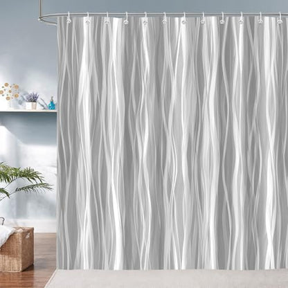 Moonslim Grey Ombre Shower Curtain, Modern Wavy Abstract Gray Striped Line Bathroom Curtain, Waterproof Fabric Bath Decor, 72 x 78 Inch