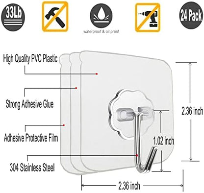 24 Pack Adhesive Wall Hooks 33LB Heavy Duty No Drill Clear Sticky Hooks