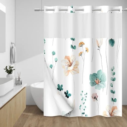 WITHLOC No Hook Floral Shower Curtain with Liner, Teal, 71x74