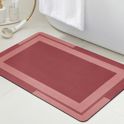 ACCUMTEK Non Slip Bath Mat, Thin Bathroom Rugs Fit Under Door, Quick Dry Bath Mats, Machine Washable Bath Rugs for Bathroom, Bathtub & Kitchen, Red/Bordered/32 x20