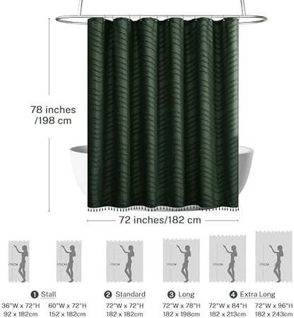 Siiluminisoy Boho Extra Long Dark Green Shower Curtain with Tassel, Woven Fabric Shower Curtain, Tufted Chevron Striped, 72 x 78, Modern Chic Textured Minimalist Bathroom Shower Curtains