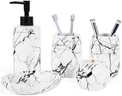 Ceramic Bathroom Accessory Set, 5-Piece Bathroom Accessory Set, Soap Dish, Toothbrush Holder, Soap Dispenser, Bathroom Tumbler & Candle Holder - Modern Bathroom Organizer, (White & Black)