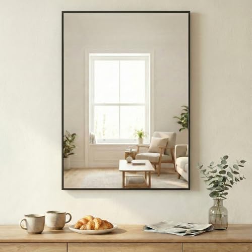 30"x36" Matte Black Framed Rectangle Bathroom Vanity Wall Mirror