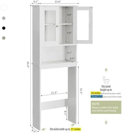 Over The Toilet Storage Cabinet for Bathroom, Storage Organizer Over Toilet, Space Saver with Tempered Glass Doors, White