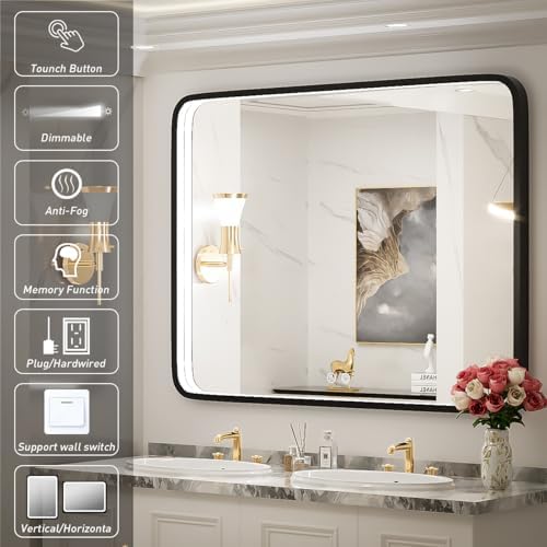 40x30 Inch LED Black Frame Bathroom Mirror,3- Color