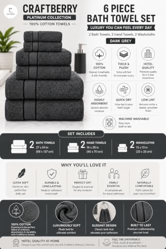 6 Piece Bath Towel Set, 2 Bath, 2 Hand, 2 Washcloths, Dark Grey