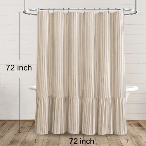 Farmhouse Shower Curtain Ruffle Linen Cream-Beige Stripe 72"W x 72"L
