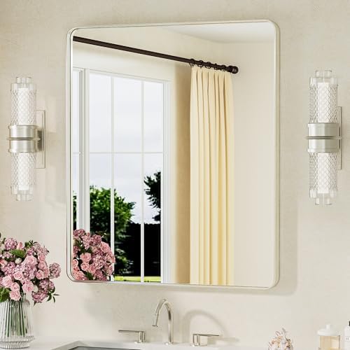 TETOTE Brushed Nickel Bathroom Mirror 30 x 36 Brushed Nickel Metal Framed Bathroom Mirror, Tempered Glass, Modern Farmhouse Wall Mounted Mirror for Decorative(Horizontal/Vertical)