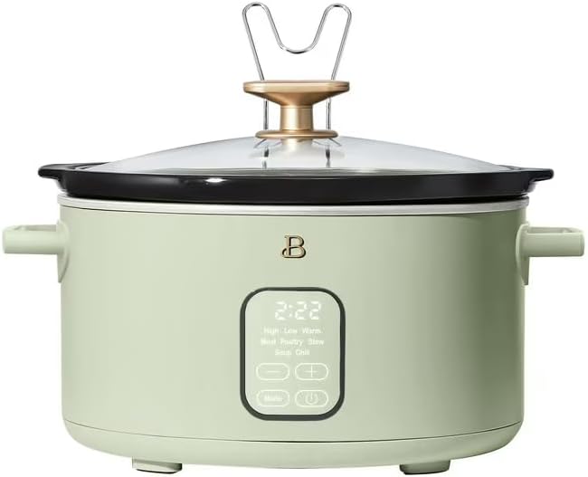 B 6 Qt Programmable Slow Cooker with Digital Timer, 5 Cooking Functions, Removable Ceramic Pot, Tempered Glass Lid, Dishwasher Safe (Sage Green)