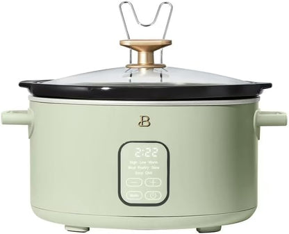 B 6 Qt Programmable Slow Cooker with Digital Timer, 5 Cooking Functions, Removable Ceramic Pot, Tempered Glass Lid, Dishwasher Safe (Sage Green)