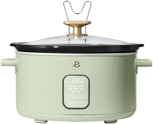 B 6 Qt Programmable Slow Cooker with Digital Timer, 5 Cooking Functions, Removable Ceramic Pot, Tempered Glass Lid, Dishwasher Safe (Sage Green)