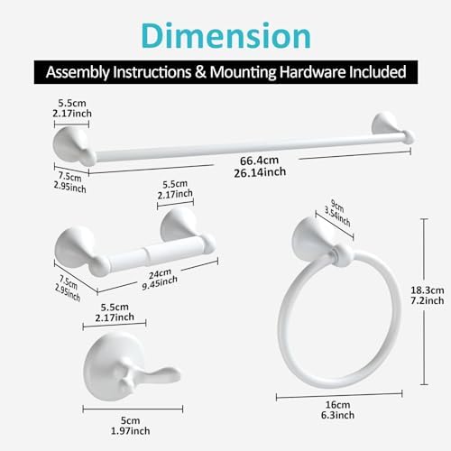 BGL Bathroom Accessories Set, White Paint Expandable Towel Bar 4-Piece Bathroom Accessory Set Wall Mounted Towel Ring Robe Hook Toilet Paper Holder Towel Holder