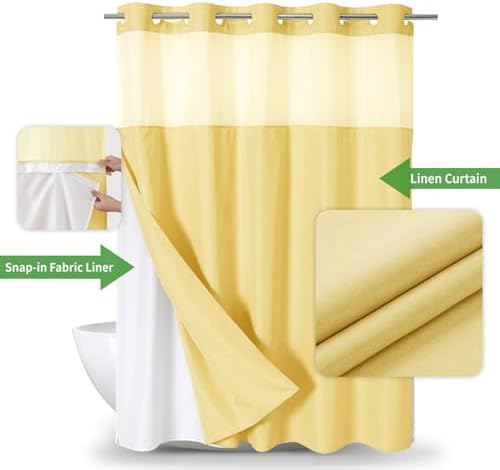 eachope No Hook Linen Texture Shower Curtain with Snap-in Liner,71x80 Gold