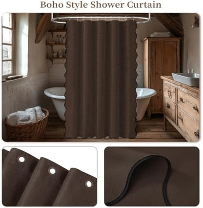 BTTN 60x72 Boho Scalloped Linen Textured Cloth Shower Curtain Set, Brown