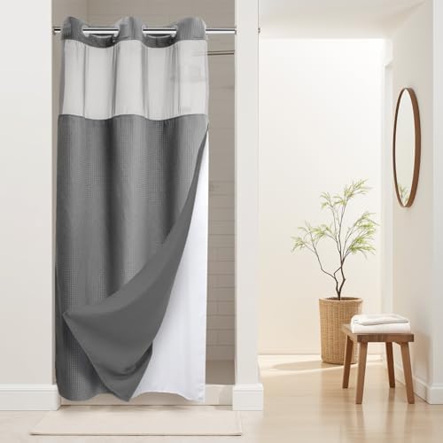River Dream Heavyweight Waffle No Hook Shower Curtain with Liner,Gray,36x74
