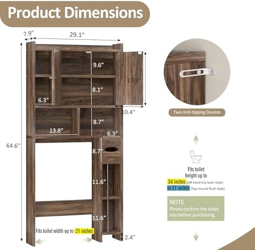 Over the Toilet Storage Cabinet, Freestanding Storage Cabinet Over Toilet, Bathroom Storages Organizer Cabinets with Toilet Paper Holder Stand and Adjustable Shelf, Walnut