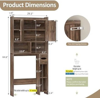 Over the Toilet Storage Cabinet, Freestanding Storage Cabinet Over Toilet, Bathroom Storages Organizer Cabinets with Toilet Paper Holder Stand and Adjustable Shelf, Walnut
