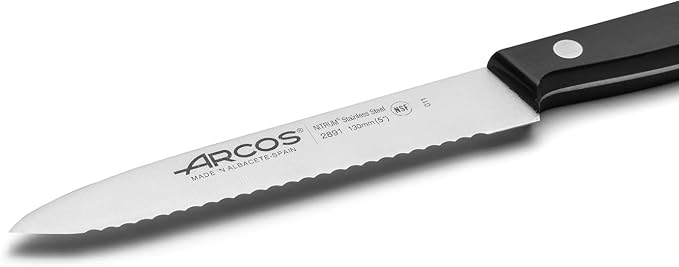 Arcos Paring Knife 5 Inch Stainless Steel. Serrated Tomato Knife for Cutting and Chopping. Ergonomic Polyoxymethylene Handle and 130mm Blade. Series Universal. Color Black