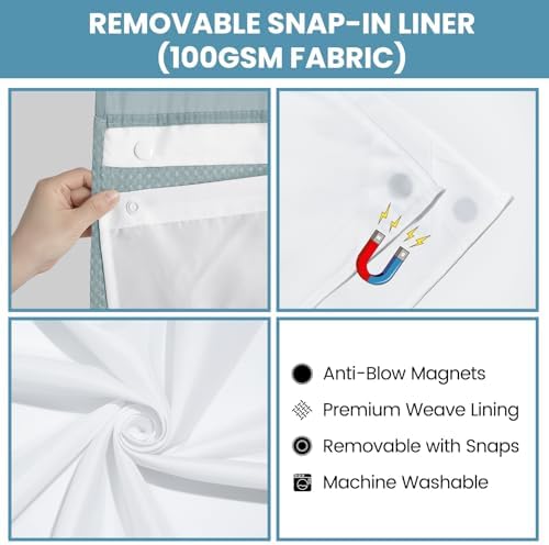 No Hook Waffle Shower Curtain with Snap in Liner Set, 71x74, Fog Blue