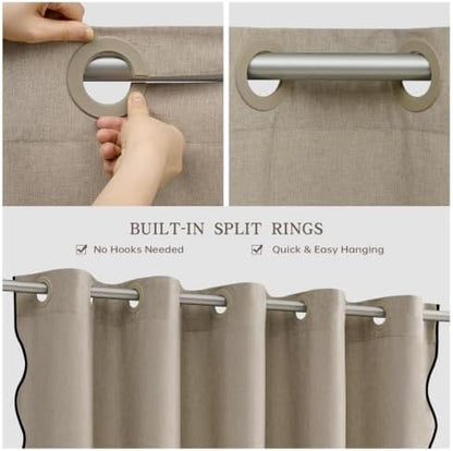 Furlinic No Hook Scalloped Greige Linen Shower Curtain Waterproof 72x78