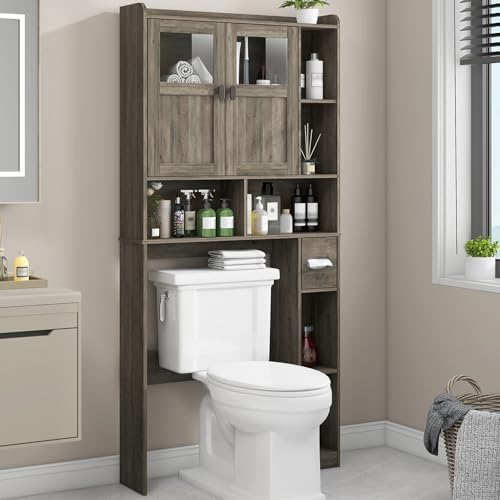 Vabches Over The Toilet Storage Cabinet with Doors and Shelves, Grey