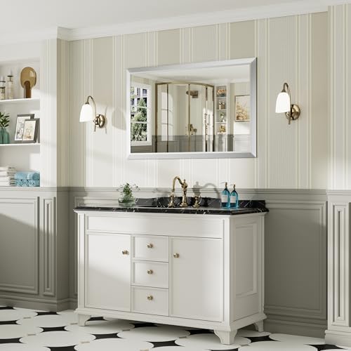 Briivue Bathroom Wall Mirror, Silver Brushed Nickel Metal Frame, 48x30 Inch