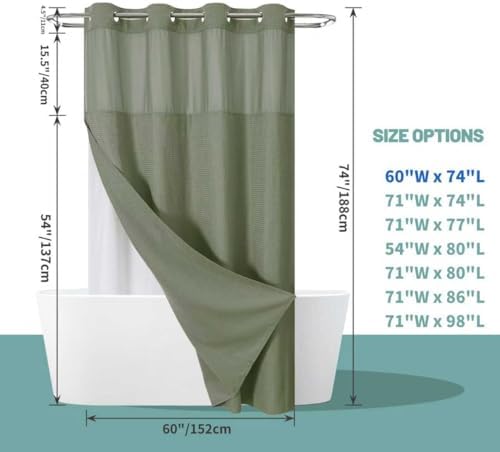 No Hook Waffle Shower Curtain with Snap-in Liner, 60x74 Inch, Sage Green