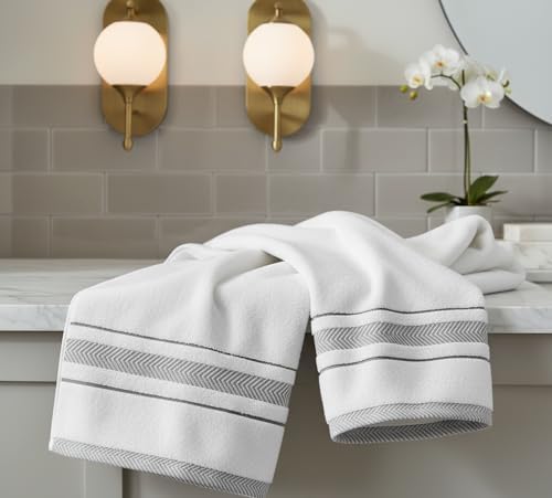 Bath Towels Set for Bathroom – Luxury 6-Piece Cotton Towels, Soft Absorbent & Quick Dry, 600 GSM Bath Towels for Bathroom, Hotel Spa Quality (White/Grey, 6- Bath Towel Set)