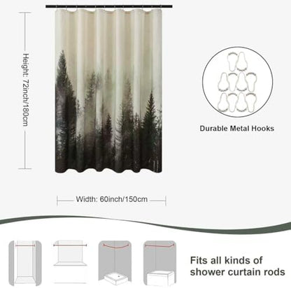 ORTIGIA Green Misty Forest Linen Shower Curtain Nature Mountain Tree Woodland Shower Curtain Set for Bathroom Heavy Blend Fabric Curtains with 10 Metal Hooks 60x72 Inch
