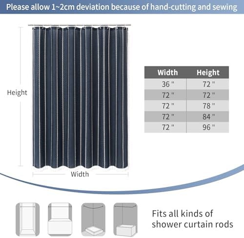 Boho Farmhouse Tassel Linen Shower Curtain,3D Embroidery Stripe Navy,72x96