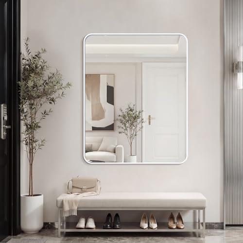 Bathroom Mirror for Wall, 30"x36" Black Bathroom Mirror for Over Sink, Shatterproof Tempered Glass Vanity Mirror with Anti-Rust Aluminum Alloy Frame, Hang Horizontally or Vertically, White