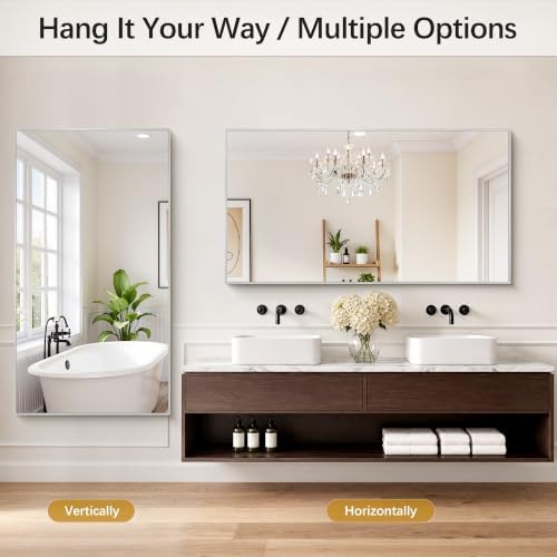 DESBING 30" x 55" Bathroom Mirror, Silver Metal Frame Wall Mirror