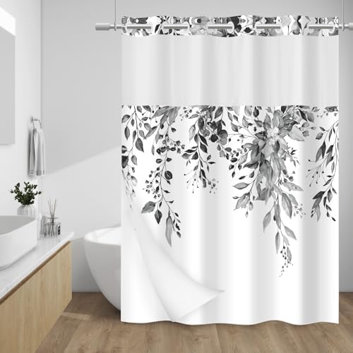 WITHLOC No Hook Floral Shower Curtain with Liner, Eucalyptus Black, 71x74