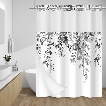 WITHLOC No Hook Floral Shower Curtain with Liner, Eucalyptus Black, 71x74