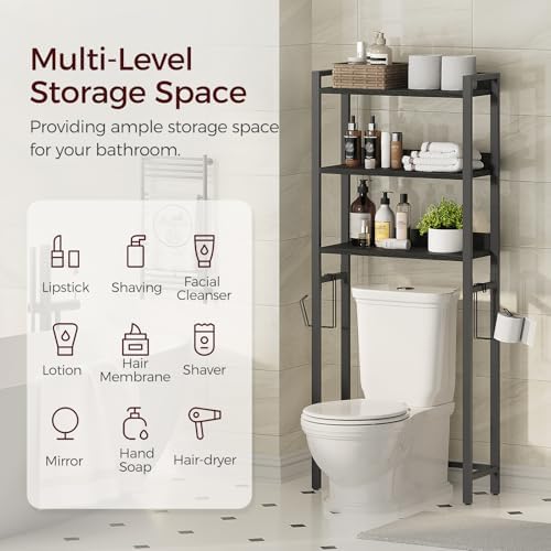 MAHANCRIS Over The Toilet Storage Rack, 3 Tier Bathroom Organizer Over Toilet, Freestanding Space Saver Toilet Stand with 2 Hooks, Bathroom Storage Shelf, Easy to Assemble, Black TSBK6001