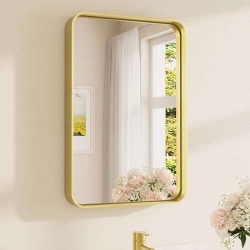 TETOTE 16 x 24 Inch Brushed Gold Frame Mirror, Brass Gold Bathroom Vanity Mirror for Wall, 2 Inch Thick Modern Round Corner Rectangle Framed Mirror (Horizontal/Vertical)