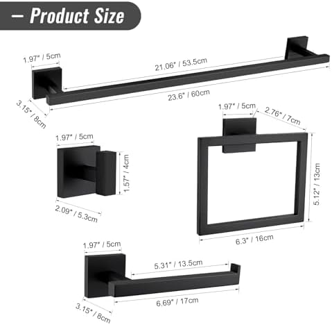 YACVCL Black Towel Bar Set 5-Piece Bathroom Hardware Accessories Set,SUS304 Stainless Steel Towel Rack Set,23.6 Inch Towel Bar,Toilet Paper Holder,Towel Ring and Towel Hooks,Wall Mounted