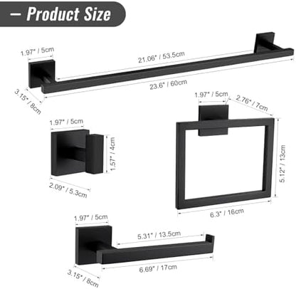 YACVCL Black Towel Bar Set 5-Piece Bathroom Hardware Accessories Set,SUS304 Stainless Steel Towel Rack Set,23.6 Inch Towel Bar,Toilet Paper Holder,Towel Ring and Towel Hooks,Wall Mounted