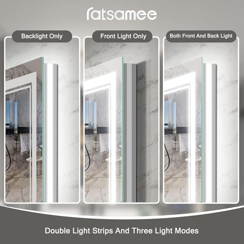 Ratsamee 72x32 Inch Led Mirror for Bathroom with Front Light and Backlit, Bathroom Mirror with Led Lights, Vanity Mirror with Lights for Wall, Anti-Fog, Dimmable, Memory Function, Tempered Glass