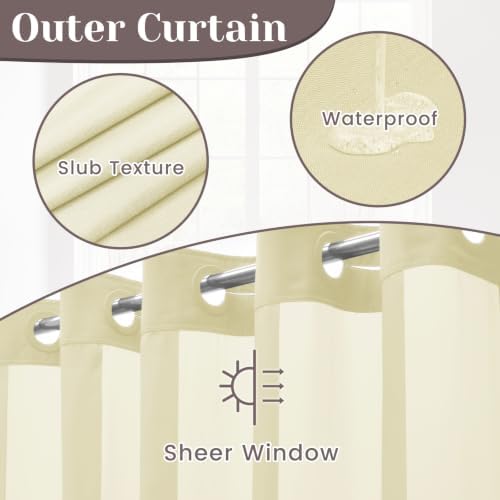 SORTTO No Hook Slub Shower Curtain with Liner, 71x74, Sand