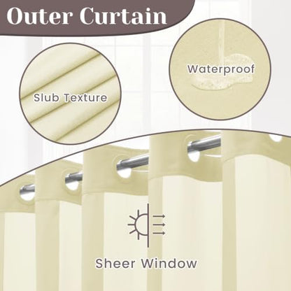 SORTTO No Hook Slub Shower Curtain with Liner, 71x74, Sand