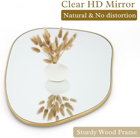 PERFNIQUE Irregular Asymmetrical Wall Mirror, 27''x19'' Gold Bathroom Mirror