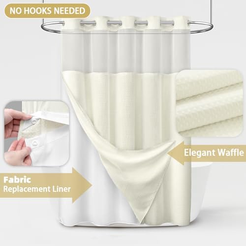 No Hook Shower Curtain with Liner Set Hotel Waffle Curtain Cream 72W X 75L