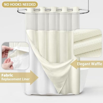 No Hook Shower Curtain with Liner Set Hotel Waffle Curtain Cream 72W X 75L