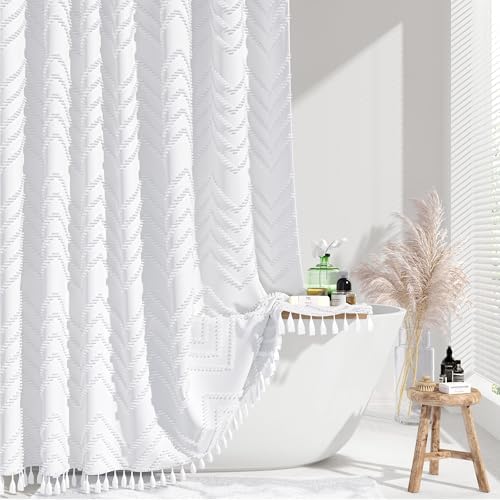 Dynamene Extra Long Boho Shower Curtain Tufted Chevron 72"x96" White