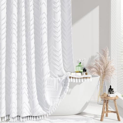 Dynamene Extra Long Boho Shower Curtain Tufted Chevron 72"x96" White