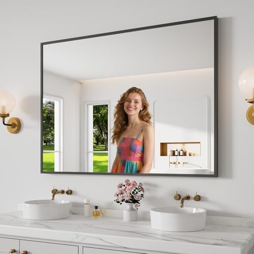 Bathroom Mirror 36"x48" Matte Black Rectangle Bathroom Wall Mirror for Over Sink, Modern Large Vanity Mirror, HD Tempered Glass, Anti-Rust Aluminum Alloy Frame, for Living Room, Bedroom, Entryway