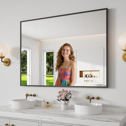 Bathroom Mirror 36"x48" Matte Black Rectangle Bathroom Wall Mirror for Over Sink, Modern Large Vanity Mirror, HD Tempered Glass, Anti-Rust Aluminum Alloy Frame, for Living Room, Bedroom, Entryway